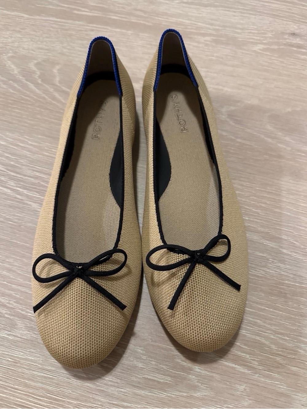 Rothy's Beige Knit Ballet Flats with Black Trim and Bow